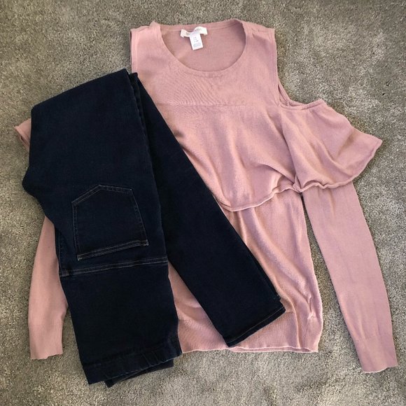 Motherhood Maternity Long Sleeve Top Cold Shoulder Pink and Dark Blue Jeans - Picture 1 of 7